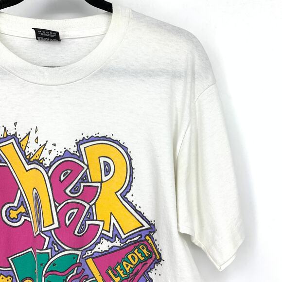 Vintage 90s Cheer Camp Leader Graphic Tee Unisex Size Large White Short Sleeve - Picture 3 of 5